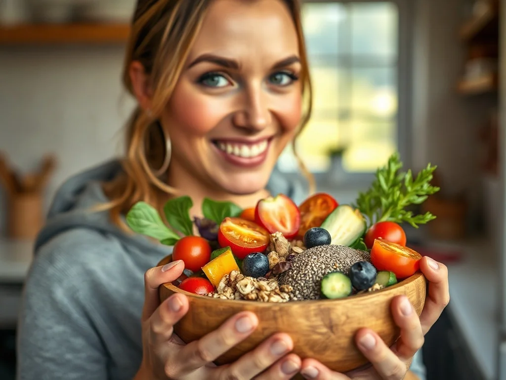 Uśmiechnięta kobieta trzyma miskę pełną świeżych warzyw, ziaren i nasion, promując zdrową dietę bogatą w błonnik.