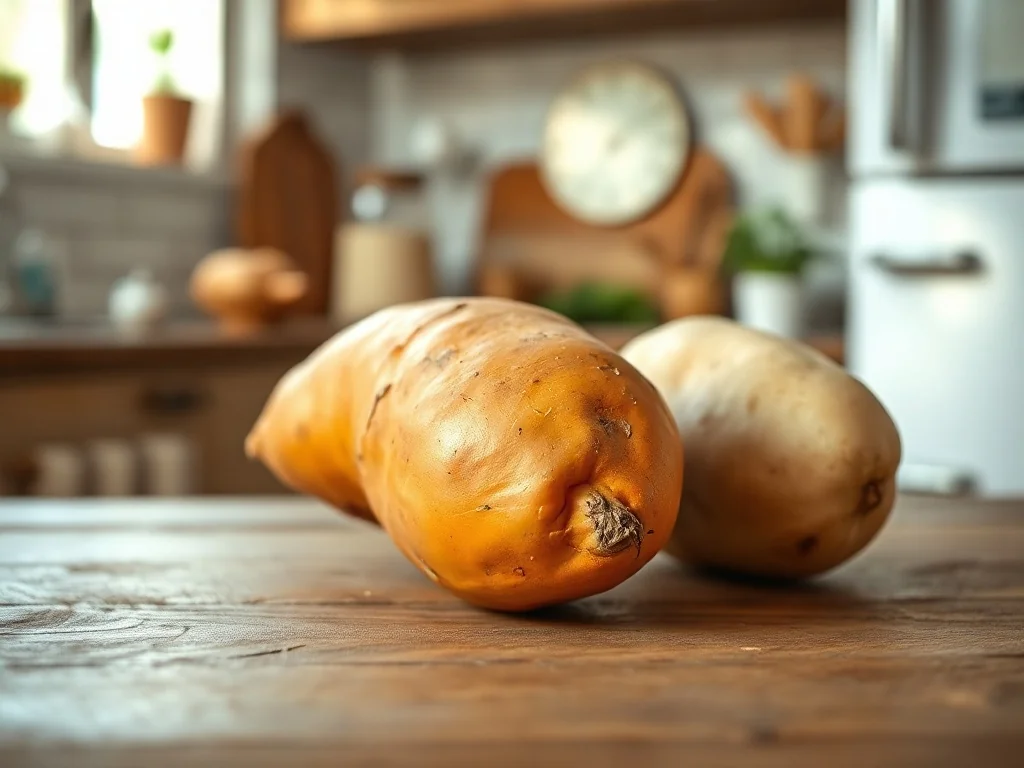 Porównanie pomarańczowego batata i klasycznego ziemniaka leżących na drewnianym stole w kuchni.