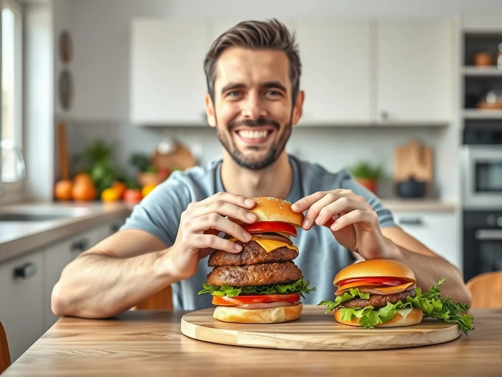 Wysportowany mężczyzna z radością je apetycznego burgera przy kuchennym stole, ciesząc się chwilą odstępstwa od diety.